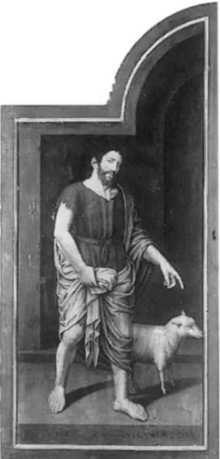 Johannes de Doper met het Lam Gods, linkerpaneel van een drieluik (dicht)