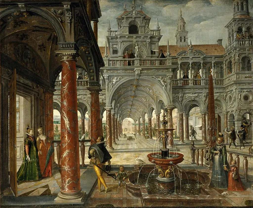 Palace Architecture with Distinguished Visitors, by Hans Vredeman de Vries