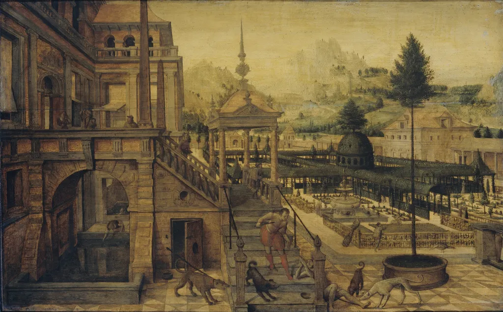Palace Gardens with Poor Lazarus in the foreground, by Hans Vredeman de Vries, oil, 1600