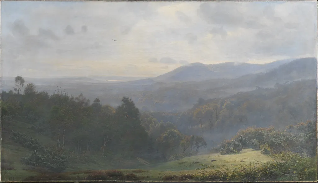 Tågen letter over skovene ved Himmelbjerget. Tidlig efterårsmorgen, by Harald Foss, oil, 1898