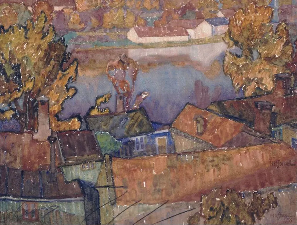 Autumn on the Nidelv, by Harald Krogh Stabell, watercolor, 1918