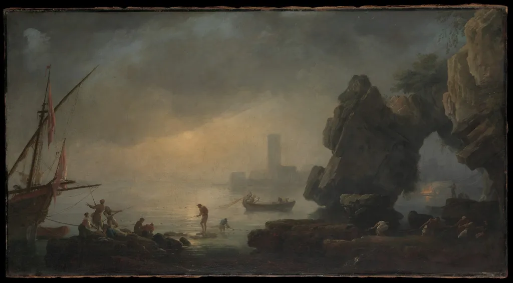 Harbor Scene with a Grotto and Fishermen Hauling in Nets, oil, 1800