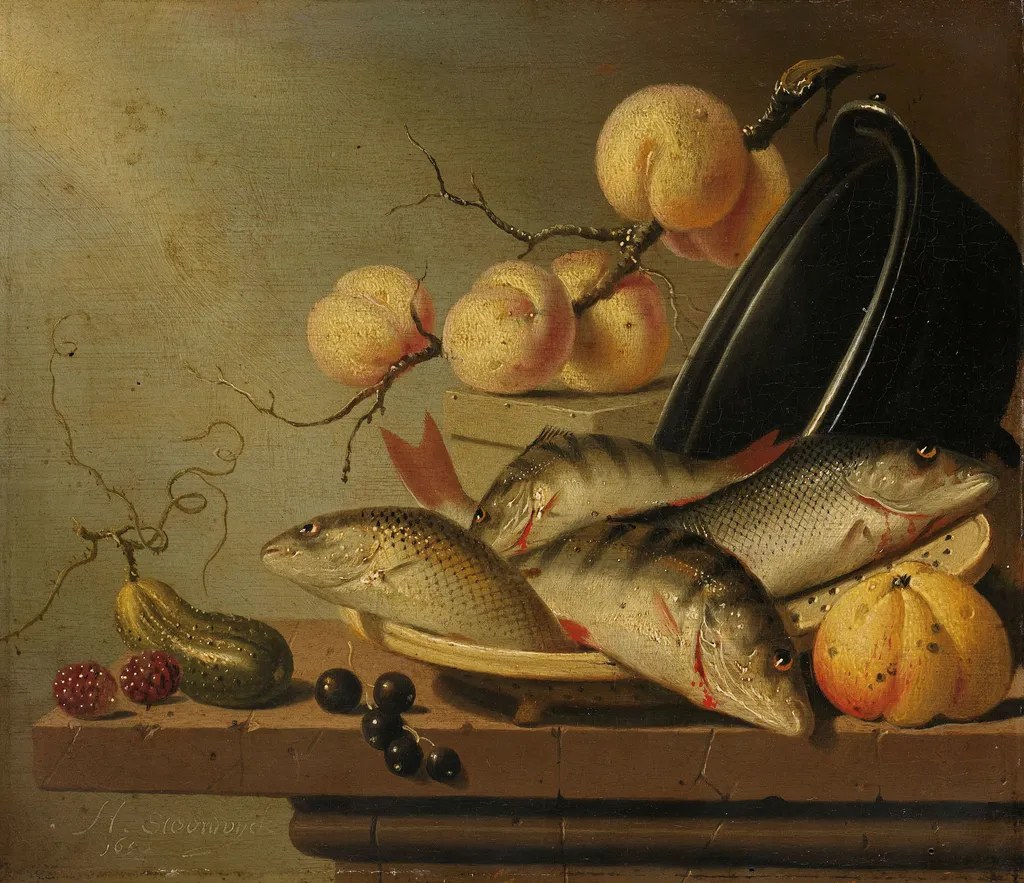 Still Life with Fish and Fruit, by Harmen Steenwijck, oil, 1652