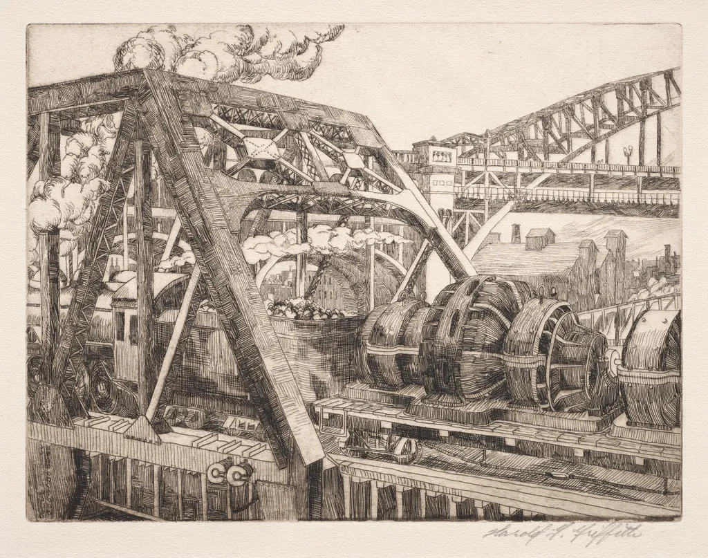 Industrial Cleveland: Baltimore and Ohio Railroad Lift Bridge, by Harold G. Griffith, 1930