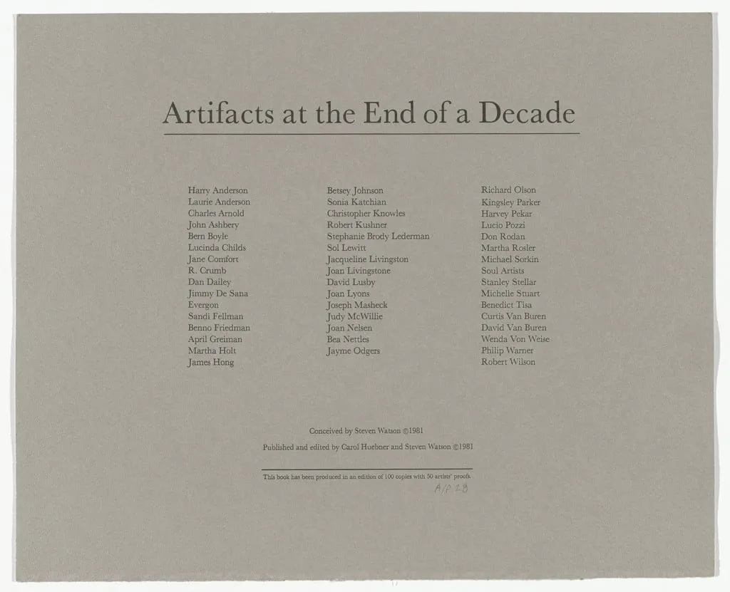 Untitled, by Harry Anderson, Laurie Anderson, John Ashbery, Bern Boyle, Lucinda Childs, Jane Comfort, R. Crumb, Dan Dailey, Jimmy DeSana, Evergon, Sandi Fellman, Benno Friedman, April Greiman, Martha Holt, James Hong, Betsey Johnson, Sonia Katchian, Christopher Knowles, Robert Kushner, Stephanie Brody Lederman, Sol LeWitt, Jacqueline Livingston, Joan Livingstone, David Lusby, Joan Lyons, Joseph Masheck, Judith McWillie, Joan Nelsen, Bea Nettles, Jayme Odgers, Richard Olson, Kingsley Parker, Harvey Pekar, Lucio Pozzi, Don Rodan, Martha Rosler, Michael Sorkin, Soul Artists, Stanley Stellar, Michelle Stuart, Benedict Tisa, Curtis Van Buren, Wenda Von Weise, Philip Warner, Robert Wilson, Charles A. Arnold Jr. Various Artists, 1981