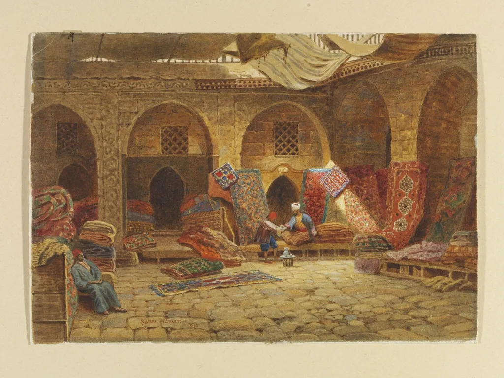 Carpet Merchant's Shop Cairo, by Harry Sutton Palmer, watercolor, 1873