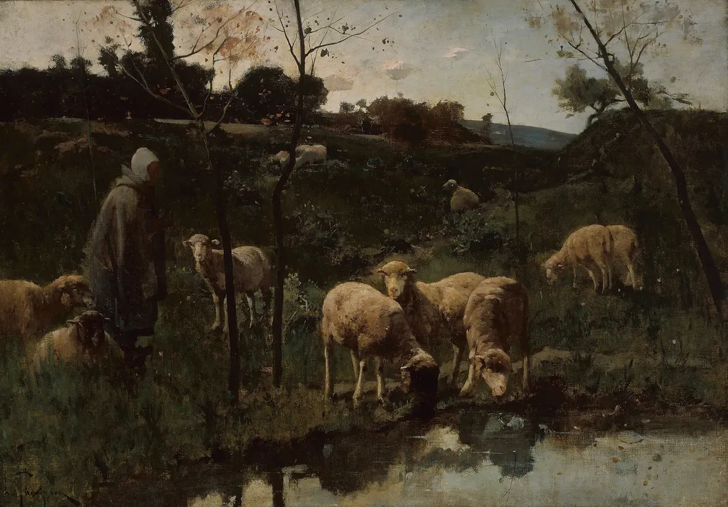 Landscape with Sheep, Picardy, by Harry Thompson, oil, 1875