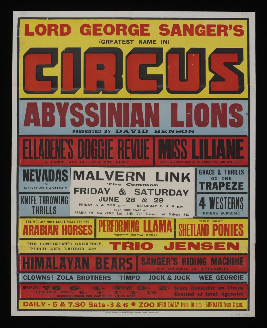 Tour poster advertising Lord George Sanger's Circus, Malvern Link, 1957, by Hastings Printing Company Ltd., 1957