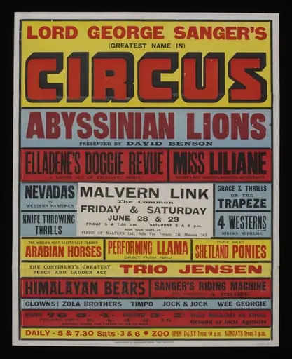 Tour poster advertising  Lord George Sanger's Circus, Malvern Link, 1957, by Hastings Printing Company Ltd.