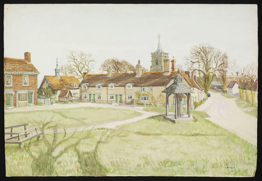 The Village Green, Westmill, by Hawkins, watercolor