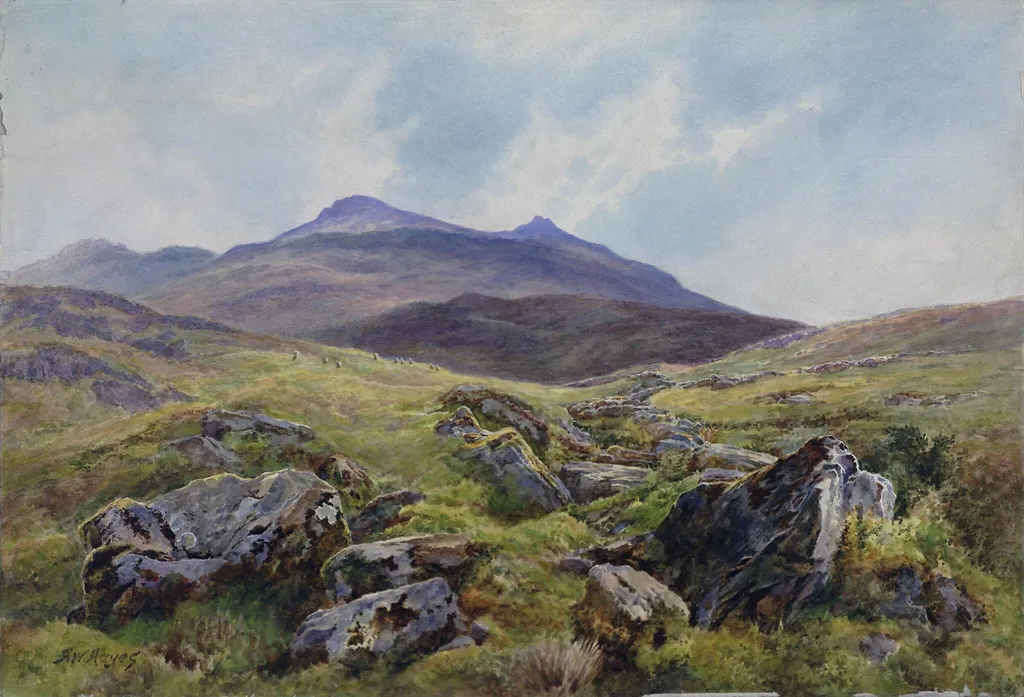 Landscape: Snowdon, by Hayes, watercolor, 1870