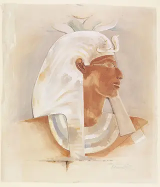 Head of Queen Makare Hatshepsut: copy of a painted low relief in the Mortuary Temple of Hatshepsut, Deir al-Bahri, by Howard Carter