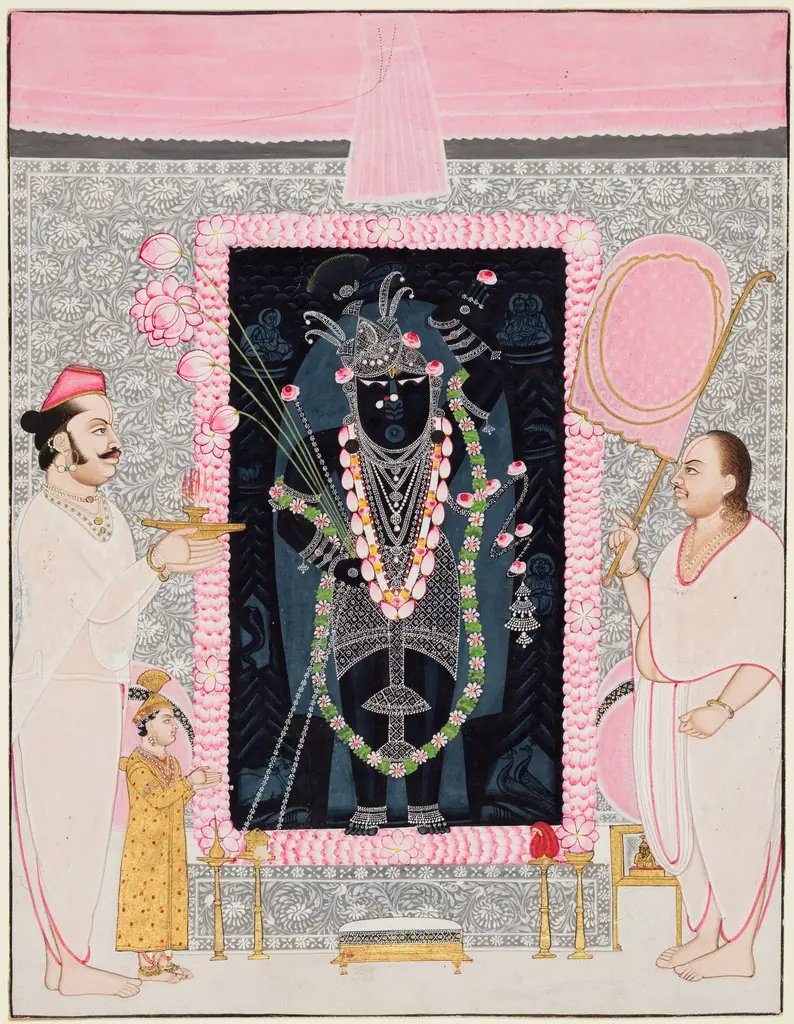 Head Priest Govardhan Lalji (1862–1934) Offers a Lamp to Shri Nathji in Celebration of the Spring Festival