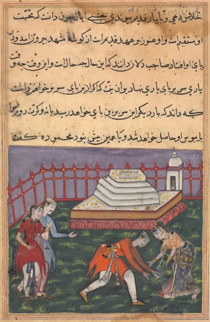 Hearing her declaration of love, Ayaz falls at the feet of Mahmuda at the holy shrine. The scene is witnessed by Salim, Ayaz’s friend, and a maid, from a Tuti-nama (Tales of a Parrot): Thirty-third Night