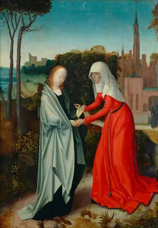 Heimsuchung Mariae zwischen St. Ursula mit den Zehntausend Jungfrauen und St. Martha. Aussenseiten der Flügel: Verkündigung Mariae