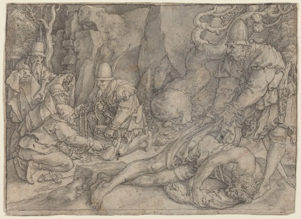 A Man Overpowered By Thieves, by Heinrich Aldegrever, ink, 1554