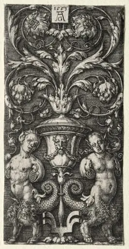 A Vase between Two Chimeric Figures, by Heinrich Aldegrever