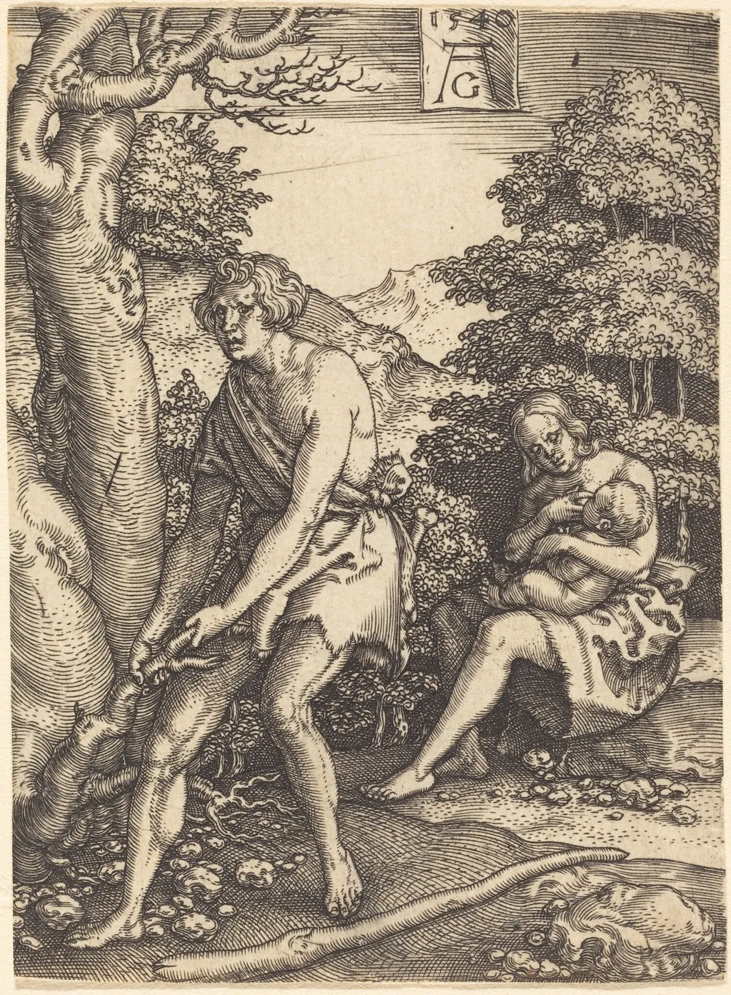 Adam and Eve at Work, by Heinrich Aldegrever, ink, 1540