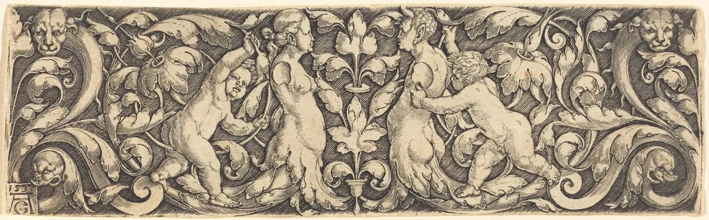 Cross Panel with Vine in Center and Tritons' Couple, by Heinrich Aldegrever, ink, 1537