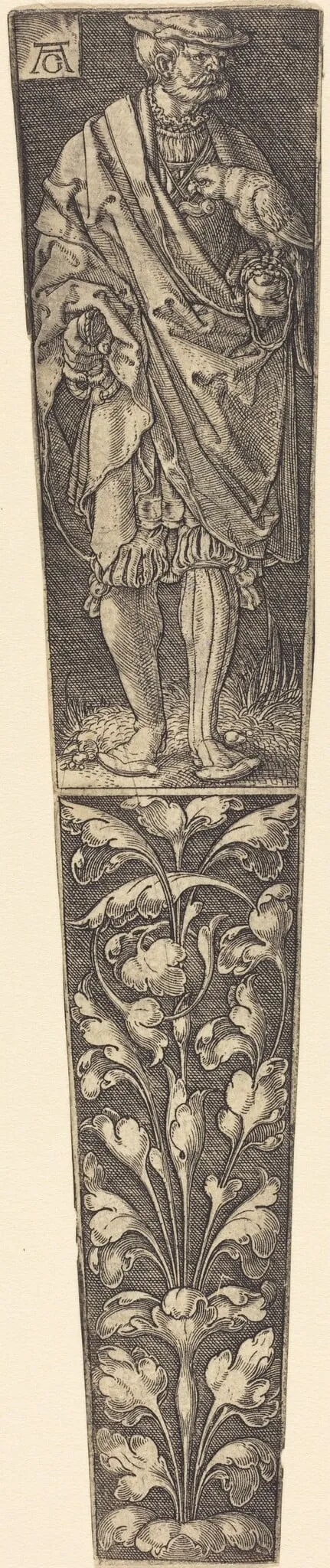 Dagger Sheath with Gentleman Holding a Parrot, by Heinrich Aldegrever, 1532