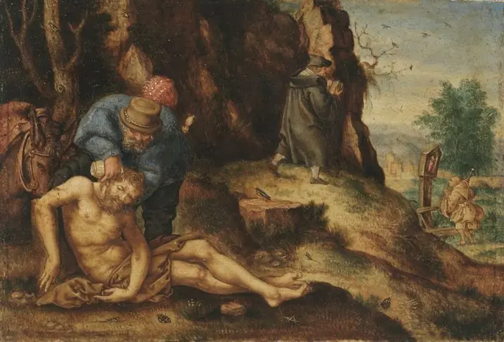 Der barmherzige Samariter pflegt den Verletzten (nach), by Heinrich Aldegrever