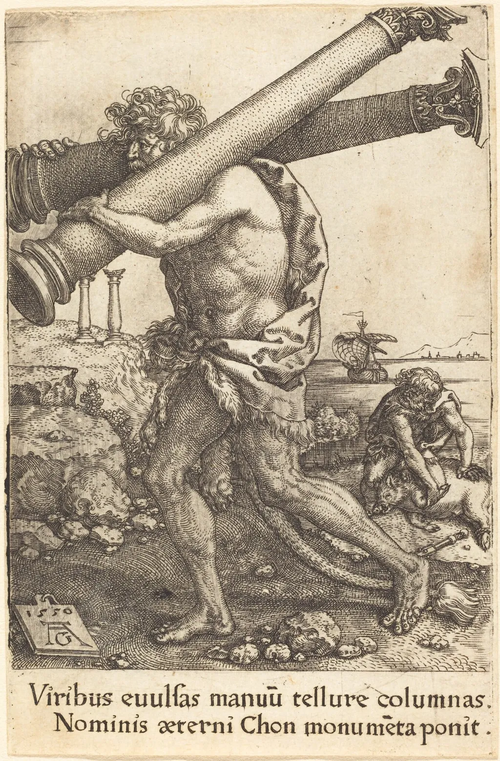 Hercules Carrying the Two Columns of Gaza, by Heinrich Aldegrever, 1550