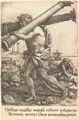 Hercules Carrying the Two Columns of Gaza, by Heinrich Aldegrever