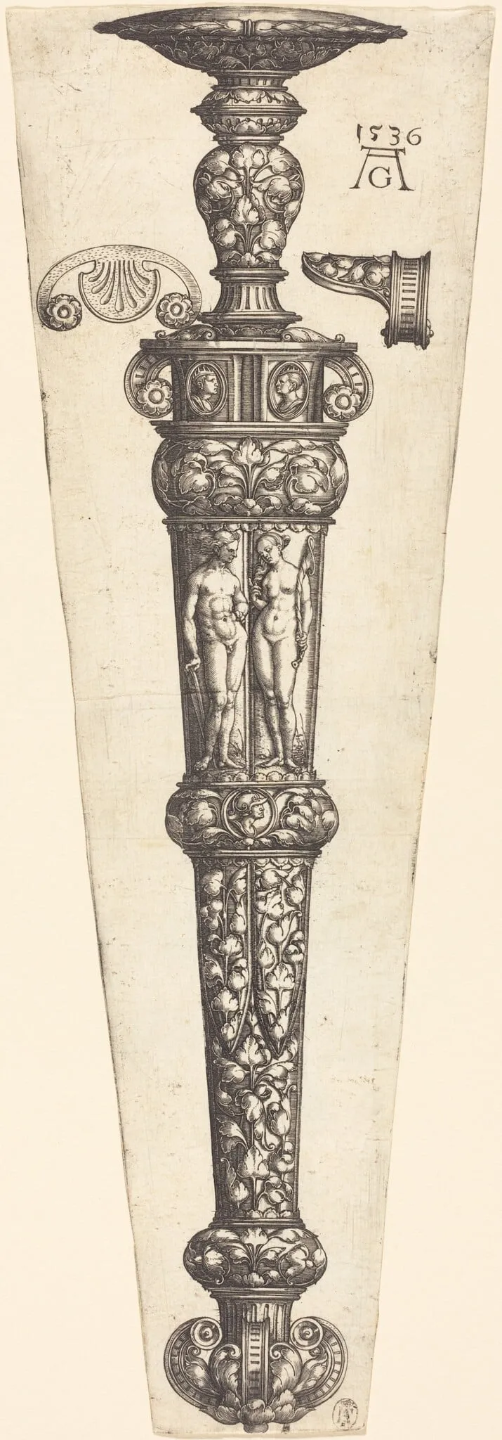 Large Dagger Sheath with Nude Couple, by Heinrich Aldegrever, ink, 1536