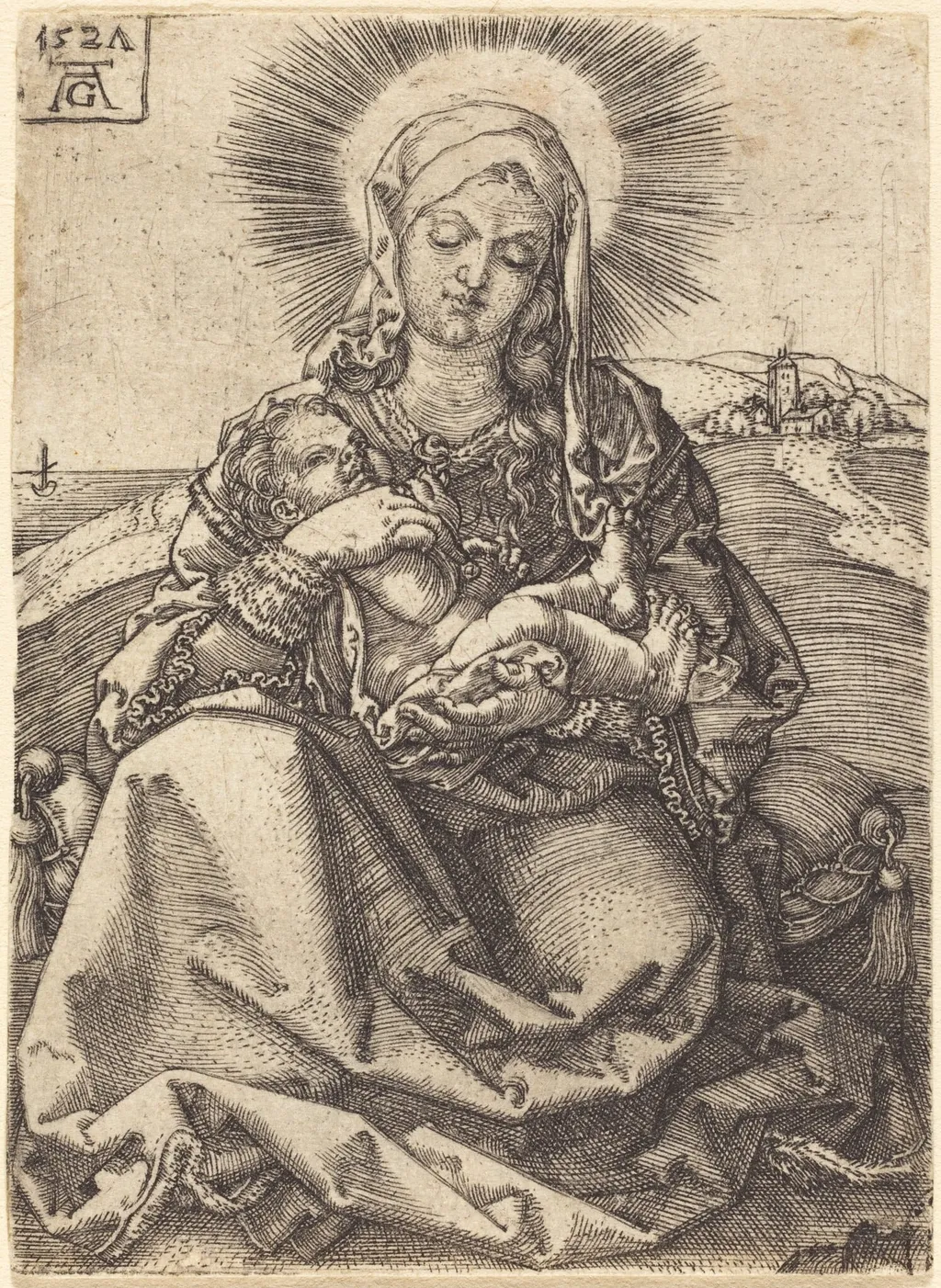 Madonna in a Landscape Sitting on a Cushion, by Heinrich Aldegrever, ink, 1527