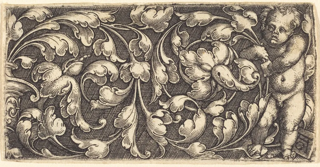 Naked Infant Holding a Double Scroll of Leafy Ornament, by Heinrich Aldegrever, 1532