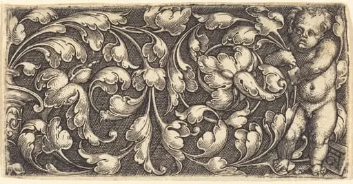 Naked Infant Holding a Double Scroll of Leafy Ornament, by Heinrich Aldegrever
