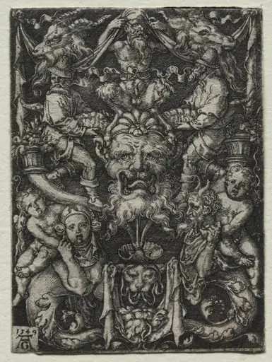 Ornament Design with a Mask, A Couple of Tritons, and Two Children Below, by Heinrich Aldegrever