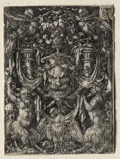 Ornament Design with a Mask and an Eagle between Two Fauns Below, by Heinrich Aldegrever