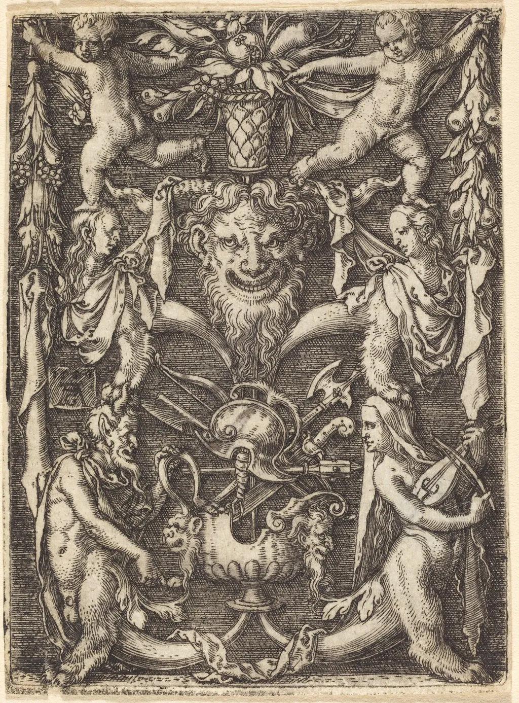Ornament with Mask, by Heinrich Aldegrever, ink, 1550