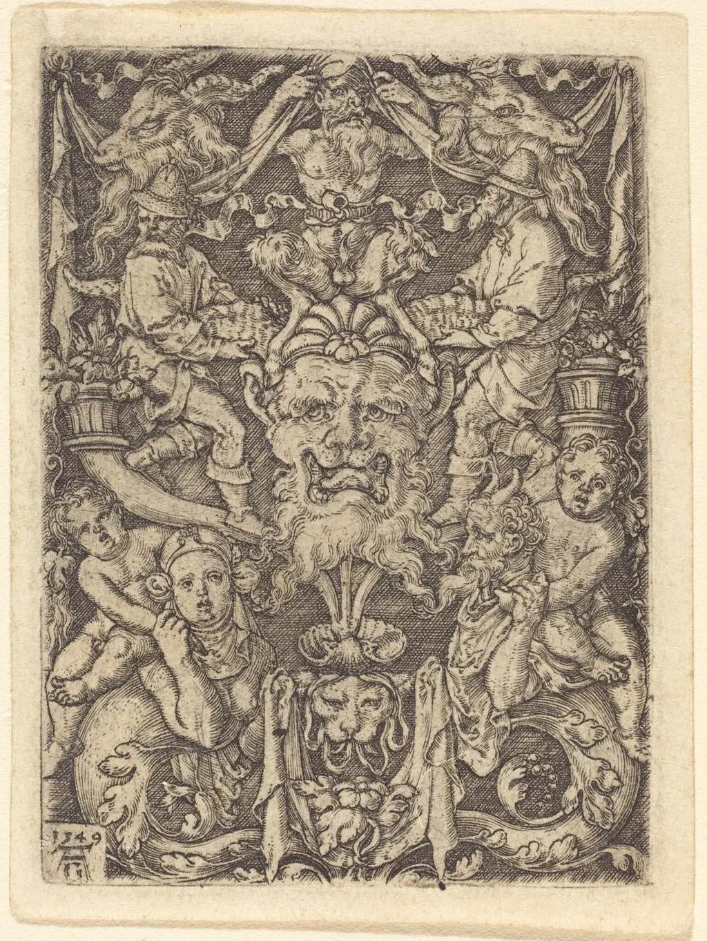 Ornament with Mask, by Heinrich Aldegrever, ink, 1549