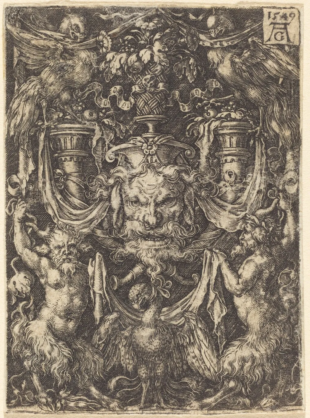 Ornament with Mask, Eagle between Satyrs Below, by Heinrich Aldegrever, ink, 1549