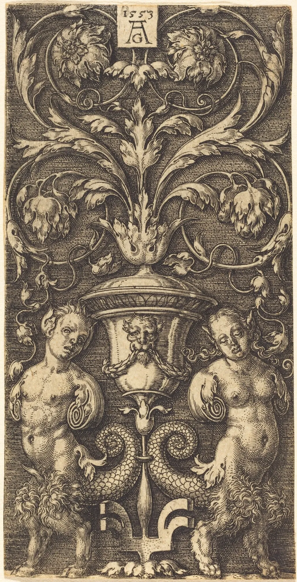Ornament with Vase and Two Female Figures, by Heinrich Aldegrever, ink, 1553