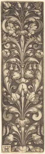 Sprig of Ornamental Foliage with Two Masks and Two Dolphins, by Heinrich Aldegrever