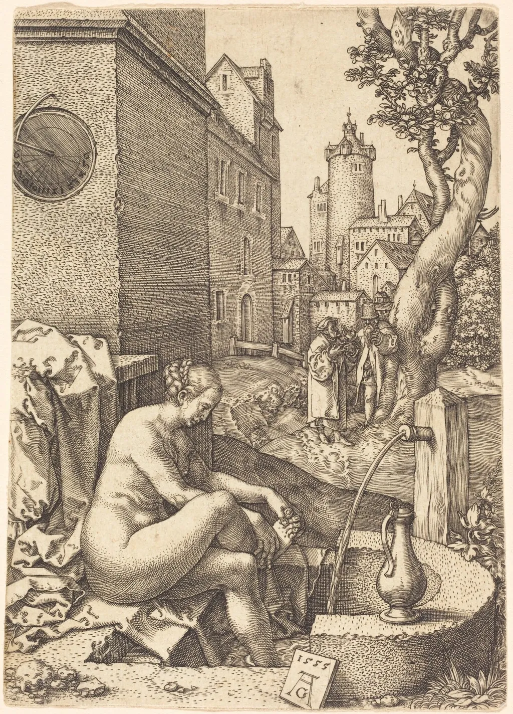 Susanna Surprised by the Two Elders, by Heinrich Aldegrever, ink, 1555
