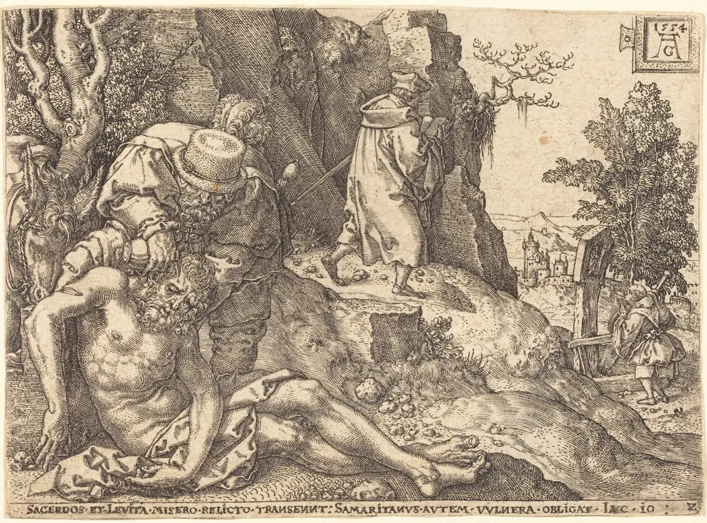 The Good Samaritan Ministering to the Traveler, by Heinrich Aldegrever, ink, 1554