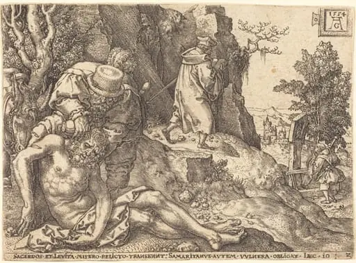 The Good Samaritan Ministering to the Traveler, by Heinrich Aldegrever