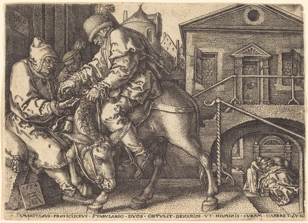 The Good Samaritan Paying for the Lodgings of the Traveler, by Heinrich Aldegrever, ink, 1554