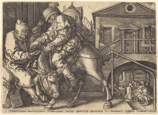 The Good Samaritan Paying for the Lodgings  of the Traveler, by Heinrich Aldegrever