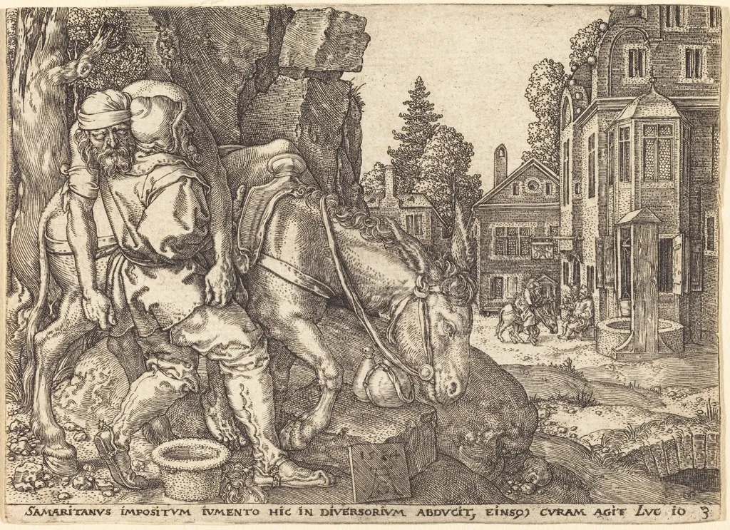 The Good Samaritan Placing the Traveler on a Mule, by Heinrich Aldegrever, ink, 1554