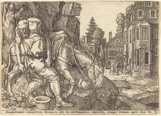 The Good Samaritan Placing the Traveler on a Mule, by Heinrich Aldegrever