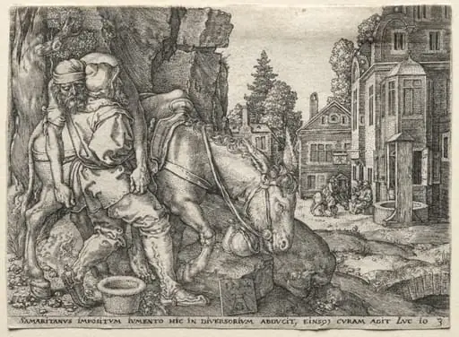 The Parable of the Good Samaritan: The Good Samaritan Putting the Traveler on His Donkey, by Heinrich Aldegrever