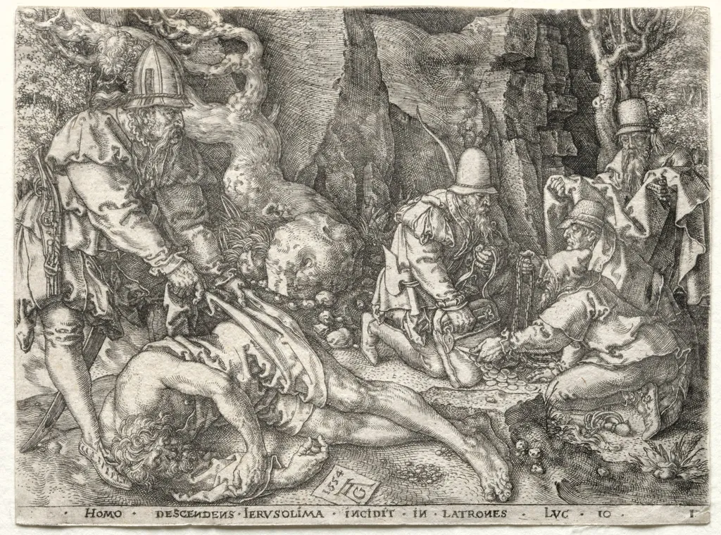The Parable of the Good Samaritan: The Robbers Attacking the Travelers, by Heinrich Aldegrever, 1554