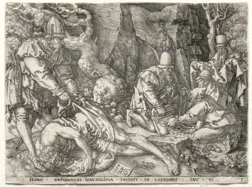 The Parable of the Good Samaritan: The Robbers Attacking the Travelers, by Heinrich Aldegrever