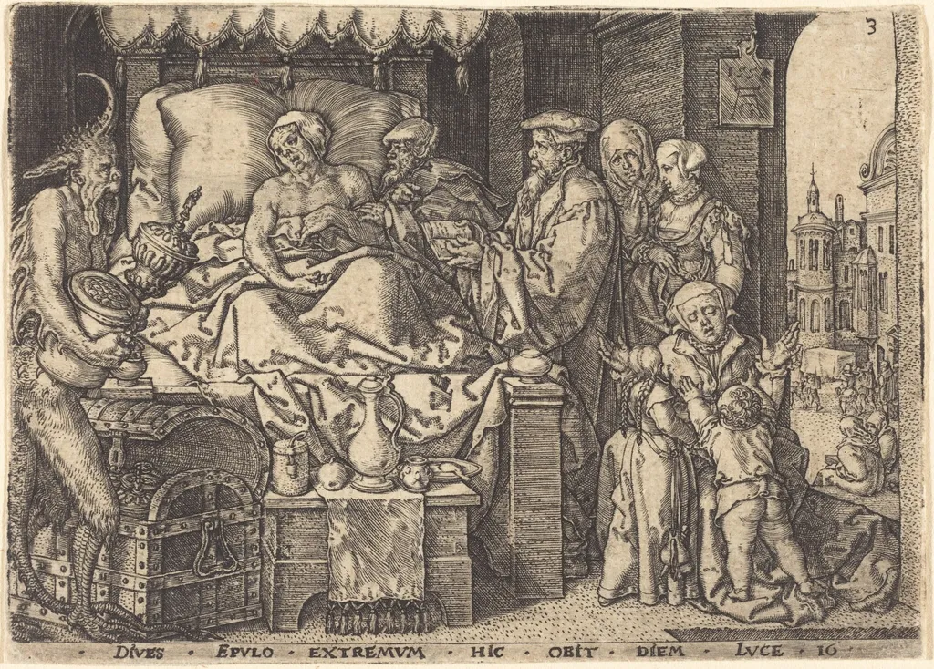 The Rich Man on His Death Bed, by Heinrich Aldegrever, ink, 1554