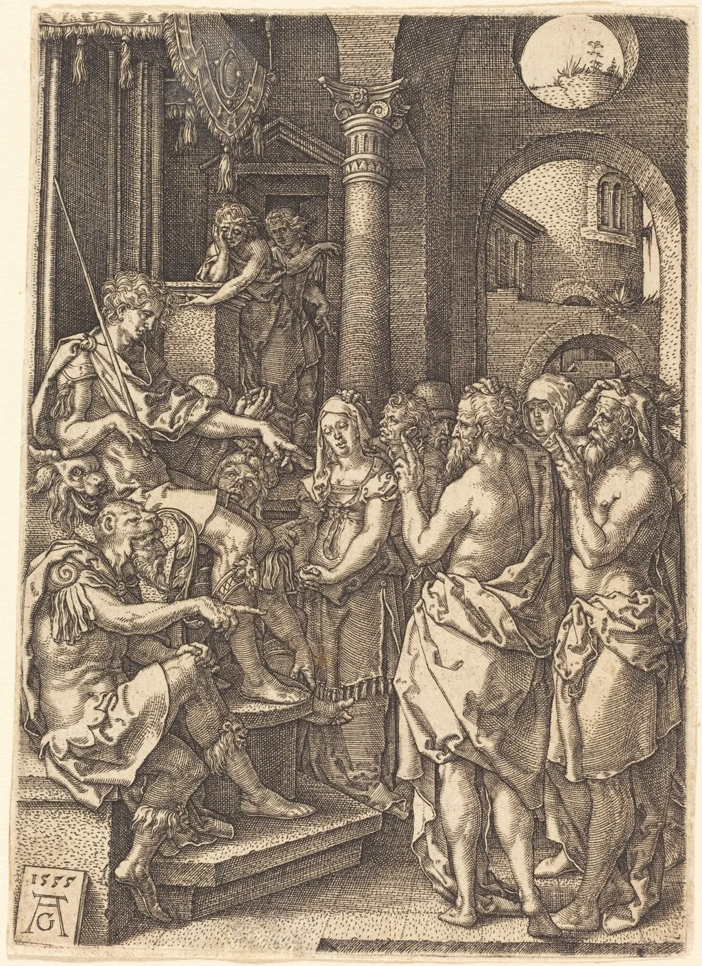 The Two Elders Before the Judge, by Heinrich Aldegrever, ink, 1555